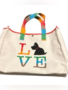 RADLEY LONDON White Canvas Tote with Rainbow Handles and Dog LOVE Graphic